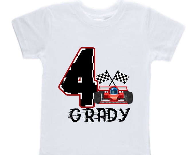 Personalized RaceCar FOUR  Race Car theme Birthday Shirt. FOUR Birthday. Boy's Racing Birthday . Racecar Birthday