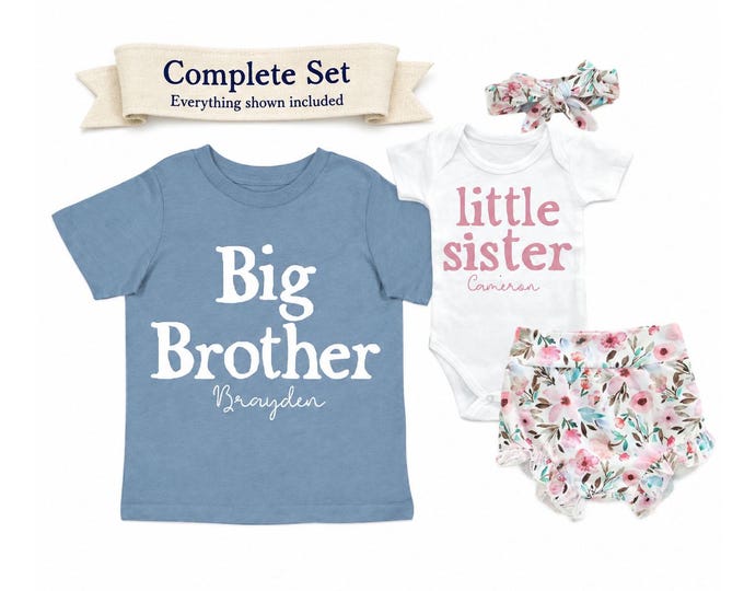 Complete SET - Big Brother Little Sister Matching Sibling Set. Baby Shower, Newborn Outfit, Name Announcement