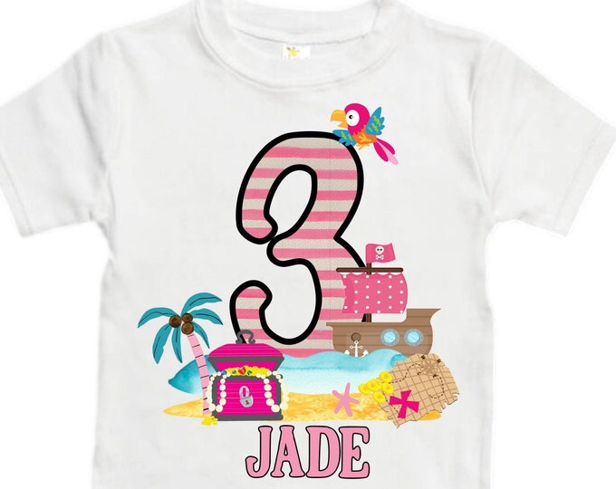 Personalized Pirate Ship Rainbow Three Girl Birthday Shirt. Pirate. Ahoy Matey, Arr Matey, Arrgh, Shiver Me Timbers Birthday Shirt. 3rd