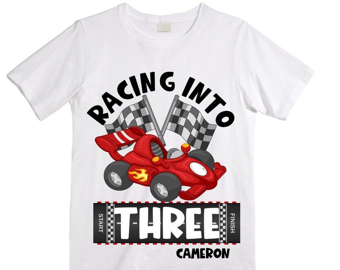 Personalized RaceCar theme Birthday Shirt. THREE Birthday. Boy's Racecar Birthday Shirt. Race Car Racing Birthday Shirt.