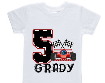 Personalized Racecar theme Birthday Shirt. FIVE Birthday. Boy's Racing Birthday . Race Car Themed Birthday Shirt
