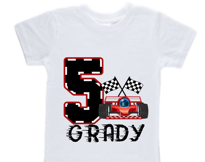 Personalized Racecar theme Birthday Shirt. FIVE Birthday. Boy's Racing Birthday . Race Car Themed Birthday Shirt