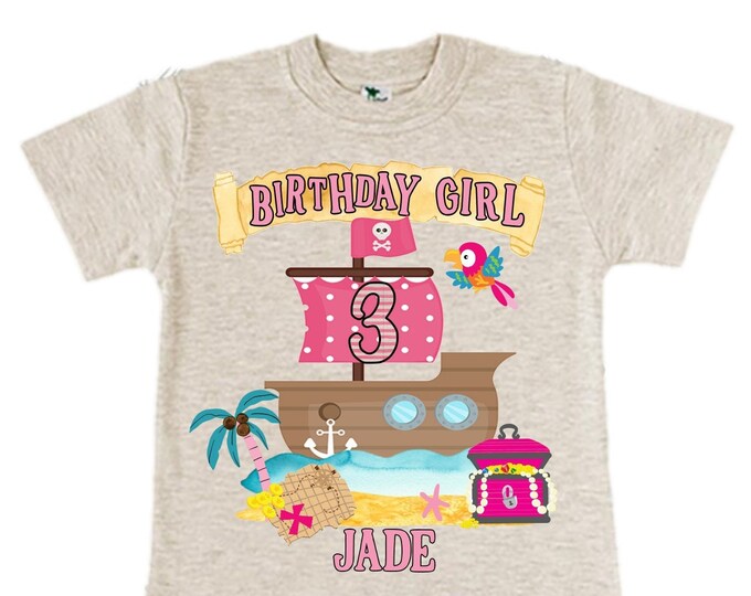 Personalized Pirate Ship Rainbow Three Girl Birthday Shirt. Pirate. Ahoy Matey, Arr Matey, Arrgh, Shiver Me Timbers Birthday Shirt. 3rd