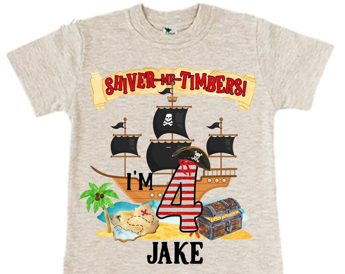 Personalized Pirate Ship FOUR  Raglan Pirate Ship theme Birthday Shirt. Arr matey. Ahoy Matey. Timber Me Shivers. 4th Pirate themed Party.