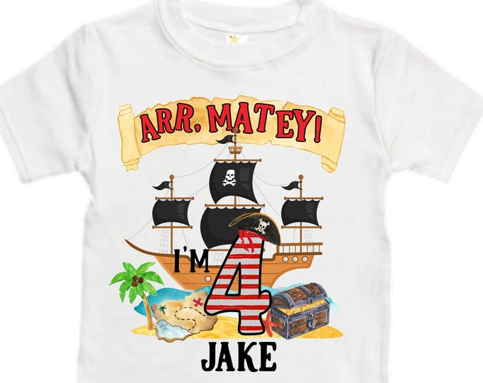 Personalized Pirate Ship FOUR  Raglan Pirate Ship theme Birthday Shirt. Arr matey. Ahoy Matey. Timber Me Shivers. 4th Pirate themed Party.