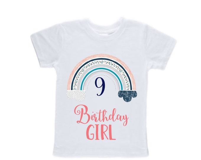 Personalized Rainbow NINE Birthday Girl Shirt. Cake Smash Short Sleeve Birthday Shirt. 9th . Birthday Shirt