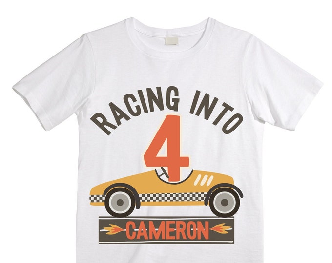 Personalized RaceCar FOUR  Race Car theme Birthday Shirt. FOUR Birthday. Boy's Racing Birthday . Racecar Birthday