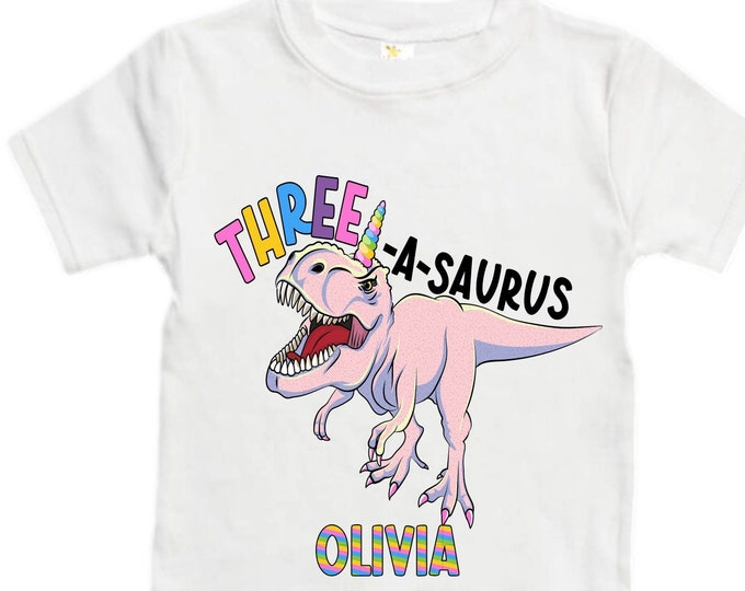 Personalized Dinosaur theme Birthday Shirt. Three Birthday. Girl's Floral Dino Birthday Shirt. Dinosaur Birthday Shirt. THREE Rex