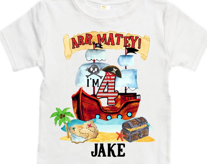 Personalized Pirate Ship FOUR  Raglan Pirate Ship theme Birthday Shirt. Arr matey. Ahoy Matey. Timber Me Shivers. 4th Pirate themed Party.