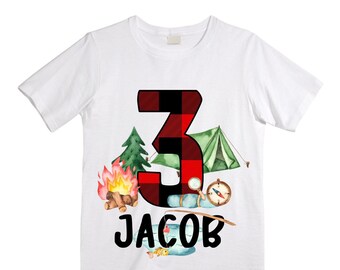 Personalized Camping. Camp theme Birthday Shirt. Happy Camper Birthday. Camper Shirt . THREE Birthday. Boy's Camp Birthday. adventure shirt
