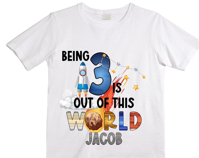 Personalized Space Birthday THREE Astronaut theme Birthday Shirt. THREE Birthday. Boy's Birthday Shirt. Spaceship Space ship Birthday Shirt.