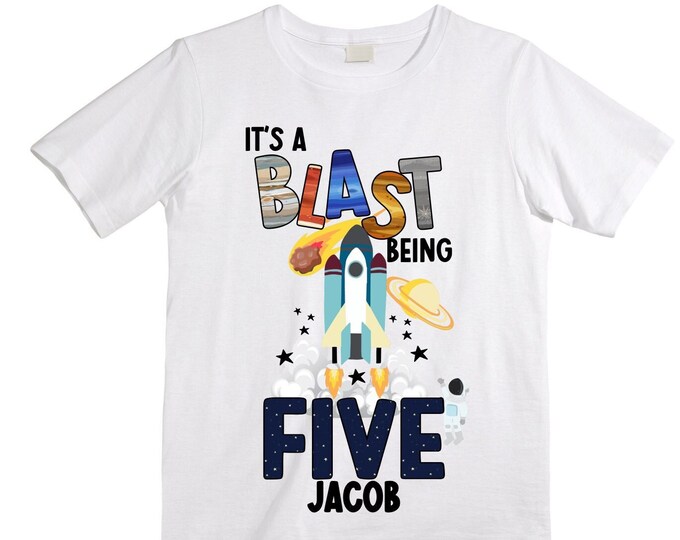 Personalized Space Birthday FIVE Astronaut theme Birthday Shirt. 5th Birthday. Boy's Birthday Shirt. Spaceship Space ship Birthday Shirt.