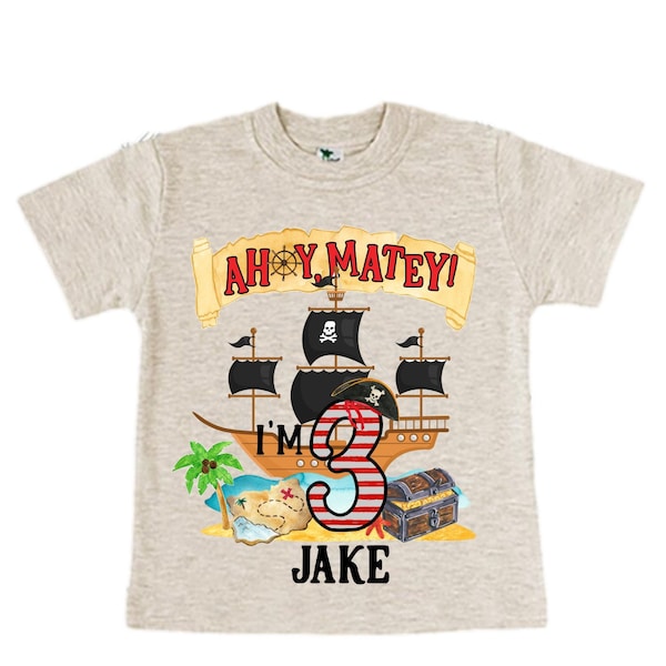 Personalized Pirate Ship theme Birthday Shirt. THREE Birthday. Boy's Pirate Birthday. Timber me Shivers. Arr Matey. Ahoy Matey. Arrgh. 3rd