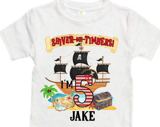 Personalized Pirate Ship FIVE Pirate Ship theme Birthday Shirt. Five Birthday. Boy's Pirate. Ahoy Matey, Arr Matey, Arrgh, Shiver Me Timber