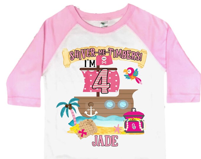 Personalized Pirate Ship Rainbow Four Birthday Girl Shirt. Ahoy Matey, Arrgh, Arr Matey. Shiver Me Timbers Pirate Themed 4th Birthday