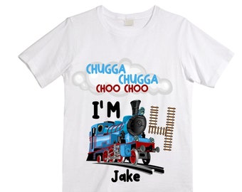Personalized Choo Choo I'm 4 Train theme Birthday Shirt. Four Birthday. Boy's Train Birthday Shirt. Choo Choo Train Birthday Shirt.