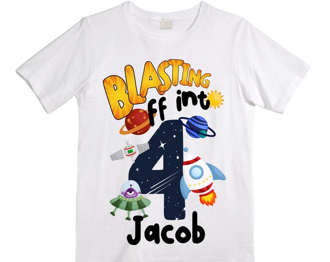 Personalized Space Birthday FOUR Astronaut theme Birthday Shirt. FOUR Birthday. Boy's Birthday Shirt. Spaceship Space ship Birthday Shirt.