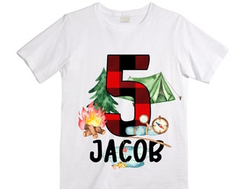 Personalized Camping. Camp theme Birthday Shirt. Happy Camper Birthday. Camper Shirt . FIVE Birthday. Boy's Camp Birthday. adventure shirt