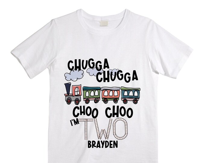 Personalized Choo Choo I'm 2 Train theme Birthday Shirt. Two Birthday. Boy's Train Birthday Shirt. Choo Choo Train Birthday Shirt.