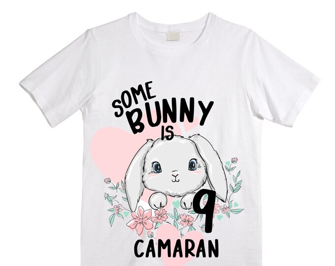Personalized Some BUNNY is NINE Rabbit Bunny themed NINE Birthday Girl Shirt. Cake Smash Short Sleeve Birthday Shirt. 9th . Birthday Shirt