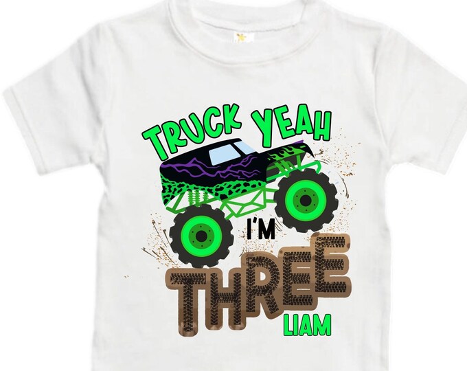 Personalized Monster Truck theme Birthday Shirt. THREE Birthday. Boy's Truck Birthday Shirt. Monster Truck Racing Birthday Shirt.