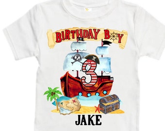 Personalized Pirate Ship theme Birthday Shirt. THREE Birthday. Boy's Pirate Birthday. Timber me Shivers. Arr Matey. Ahoy Matey. Arrgh. 3rd