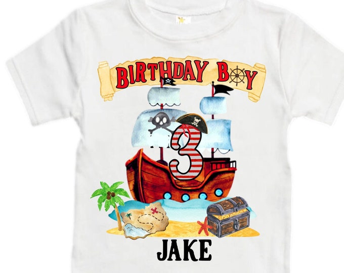 Personalized Pirate Ship theme Birthday Shirt. THREE Birthday. Boy's Pirate Birthday. Timber me Shivers. Arr Matey. Ahoy Matey. Arrgh. 3rd