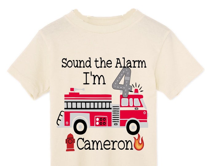 Personalized Sound the Alarm I'm 4Fire Truck FOUR  Raglan Monster Truck theme Birthday Shirt. Fourth Birthday. Boy's Fire Truck Birthday .