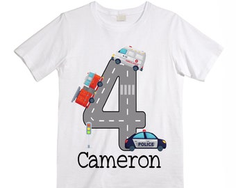Personalized Police Fire Truck Ambulance. Rescue Vehicle theme Birthday Shirt. Fourth Birthday. Boy's Racing Birthday . Tractor Birthday .