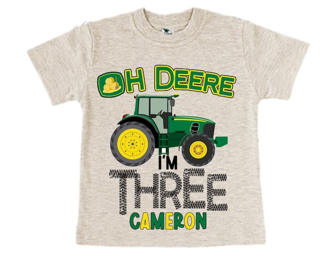 Personalized Tractor theme Birthday Shirt. THREE Birthday. Boy's Truck Birthday Shirt. Tractor Racing Birthday Shirt.
