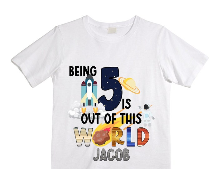 Personalized Space Birthday FIVE Astronaut theme Birthday Shirt. 5th Birthday. Boy's Birthday Shirt. Spaceship Space ship Birthday Shirt.