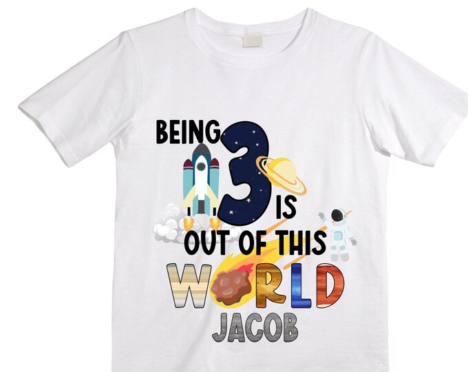 Personalized Space Birthday THREE Astronaut theme Birthday Shirt. THREE Birthday. Boy's Birthday Shirt. Spaceship Space ship Birthday Shirt.