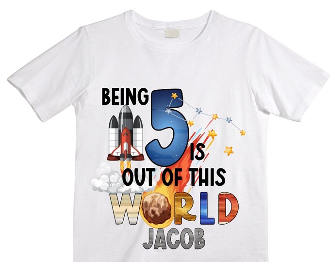 Personalized Space Birthday FIVE Astronaut theme Birthday Shirt. 5th Birthday. Boy's Birthday Shirt. Spaceship Space ship Birthday Shirt.
