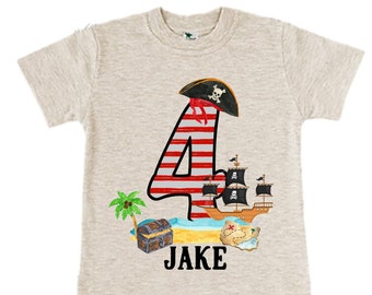 Personalized Pirate Ship FOUR  Raglan Pirate Ship theme Birthday Shirt. Arr matey. Ahoy Matey. Timber Me Shivers. 4th Pirate themed Party.