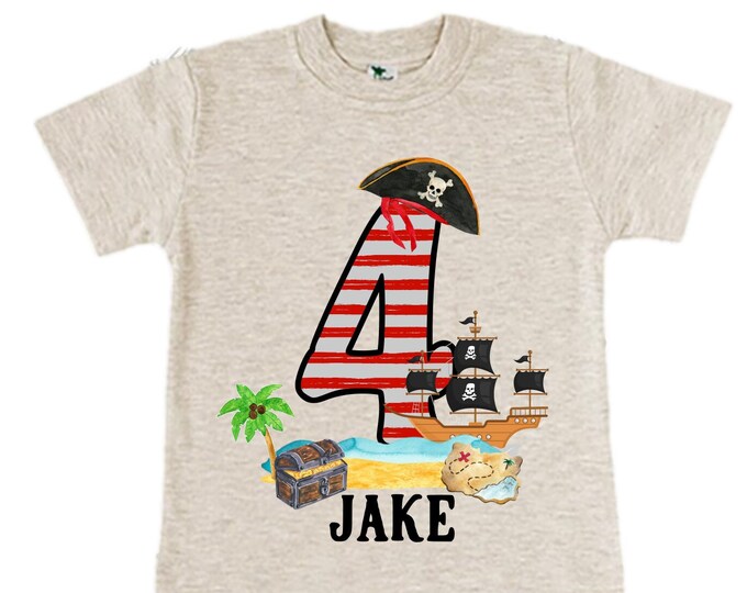 Personalized Pirate Ship FOUR  Raglan Pirate Ship theme Birthday Shirt. Arr matey. Ahoy Matey. Timber Me Shivers. 4th Pirate themed Party.