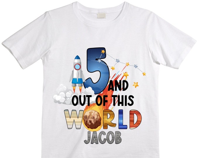 Personalized Space Birthday FIVE Astronaut theme Birthday Shirt. 5th Birthday. Boy's Birthday Shirt. Spaceship Space ship Birthday Shirt.