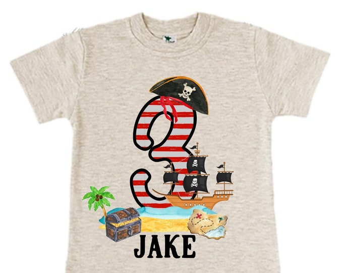 Personalized Pirate Ship theme Birthday Shirt. THREE Birthday. Boy's Pirate Birthday. Timber me Shivers. Arr Matey. Ahoy Matey. Arrgh. 3rd