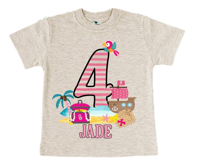 Personalized Pirate Ship Rainbow Four Birthday Girl Shirt. Ahoy Matey, Arrgh, Arr Matey. Shiver Me Timbers Pirate Themed 4th Birthday