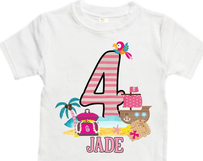 Personalized Pirate Ship Rainbow Four Birthday Girl Shirt. Ahoy Matey, Arrgh, Arr Matey. Shiver Me Timbers Pirate Themed 4th Birthday