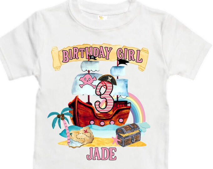 Personalized Pirate Ship Rainbow Three Girl Birthday Shirt. Pirate. Ahoy Matey, Arr Matey, Arrgh, Shiver Me Timbers Birthday Shirt. 3rd