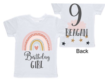 Personalized Rainbow NINE Birthday Girl Shirt. Cake Smash Short Sleeve Birthday Shirt. 9th . Birthday Shirt