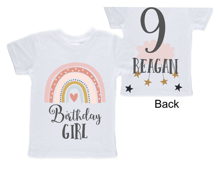Personalized Rainbow NINE Birthday Girl Shirt. Cake Smash Short Sleeve Birthday Shirt. 9th . Birthday Shirt