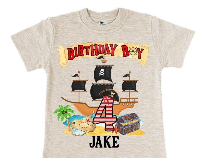 Personalized Pirate Ship FOUR  Raglan Pirate Ship theme Birthday Shirt. Arr matey. Ahoy Matey. Timber Me Shivers. 4th Pirate themed Party.