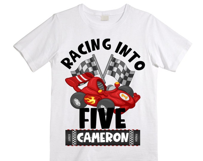 Personalized Racecar theme Birthday Shirt. FIVE Birthday. Boy's Racing Birthday . Race Car Themed Birthday Shirt