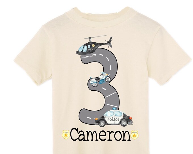 Personalized Hands Up! I'm 3 Police theme Birthday Shirt. THREE Birthday. Boy's Truck Birthday Shirt. Police Car Birthday Shirt.