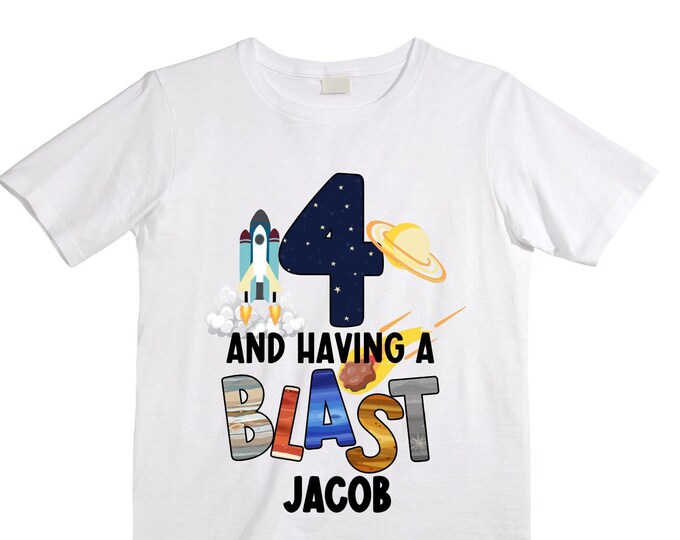 Personalized Space Birthday FOUR Astronaut theme Birthday Shirt. FOUR Birthday. Boy's Birthday Shirt. Spaceship Space ship Birthday Shirt.