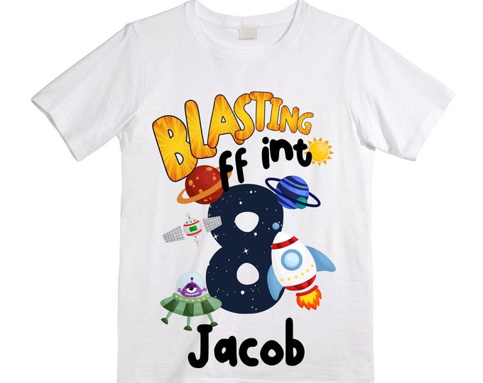 Personalized Space Birthday EIGHT Astronaut theme Birthday Shirt. 8th Birthday. Boy's Birthday Shirt. Spaceship Space ship Birthday Shirt.