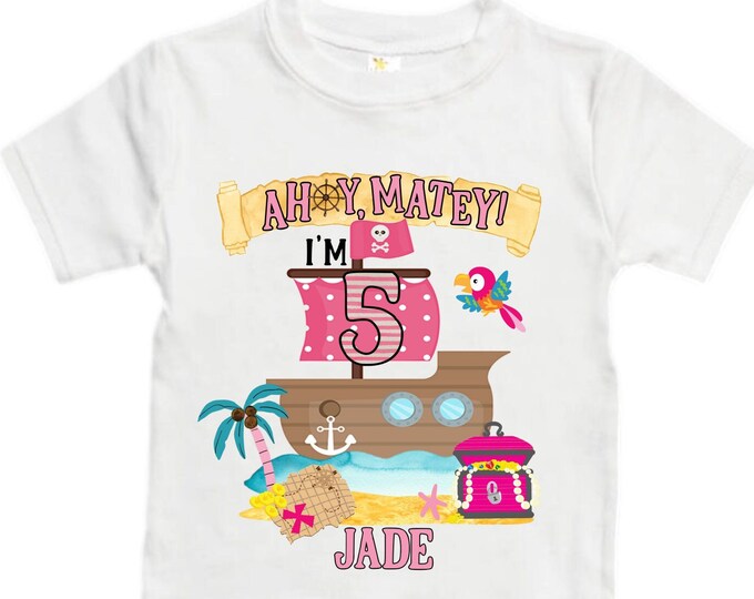 Personalized Pirate Rainbow FIVE Birthday Girl Shirt. Ahoy Matey, Arrgh, Arr Matey. Shiver Me Timbers Pirate 5th Birthday Shirt