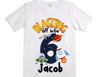 Personalized Space Birthday SIX Astronaut theme Birthday Shirt. 6th Birthday. Boy's Birthday Shirt. Spaceship Space ship Birthday Shirt.