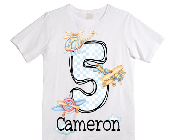 Personalized Airplane theme Birthday Shirt. FIVE Birthday. Boy's Racing Birthday Airplane Themed Birthday Shirt
